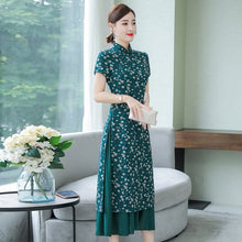 Load image into Gallery viewer, Mandarin Collar Cap Sleeve Tea Length Floral Chiffon Ao Dai Dress
