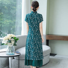 Load image into Gallery viewer, Mandarin Collar Cap Sleeve Tea Length Floral Chiffon Ao Dai Dress
