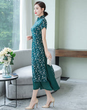 Load image into Gallery viewer, Mandarin Collar Cap Sleeve Tea Length Floral Chiffon Ao Dai Dress
