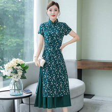 Load image into Gallery viewer, Mandarin Collar Cap Sleeve Tea Length Floral Chiffon Ao Dai Dress
