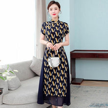 Muatkan imej ke dalam penonton Galeri, Mandarin Collar Cap Sleeve Tea Length Chiffon Ao Dai Dress
