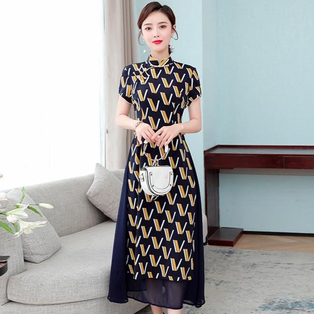 Mandarin Collar Cap Sleeve Tea Length Chiffon Ao Dai Dress