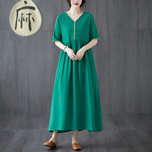 Muatkan imej ke dalam penonton Galeri, Signature Cotton V Neck Tea Length Oriental Casual Dress
