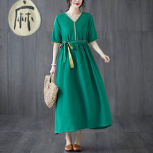 Muatkan imej ke dalam penonton Galeri, Signature Cotton V Neck Tea Length Oriental Casual Dress
