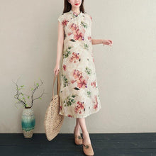 Muatkan imej ke dalam penonton Galeri, Cap Sleeve Floral Ramie Fabric Cheongsam Casual Dress Boho Dress
