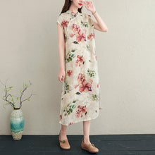 Muatkan imej ke dalam penonton Galeri, Cap Sleeve Floral Ramie Fabric Cheongsam Casual Dress Boho Dress
