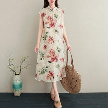 Muatkan imej ke dalam penonton Galeri, Cap Sleeve Floral Ramie Fabric Cheongsam Casual Dress Boho Dress
