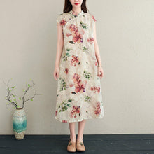 Muatkan imej ke dalam penonton Galeri, Cap Sleeve Floral Ramie Fabric Cheongsam Casual Dress Boho Dress
