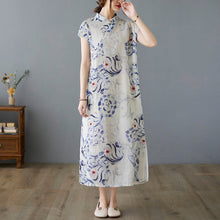 Muatkan imej ke dalam penonton Galeri, Cap Sleeve Floral Ramie Fabric A-line Casual Dress Boho Dress
