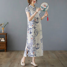 Muatkan imej ke dalam penonton Galeri, Cap Sleeve Floral Ramie Fabric A-line Casual Dress Boho Dress
