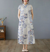 Muatkan imej ke dalam penonton Galeri, Cap Sleeve Floral Ramie Fabric A-line Casual Dress Boho Dress
