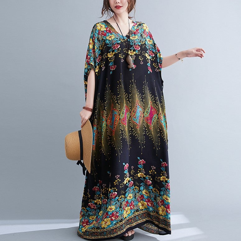 V Neck Floral Signature Cotton Robe Chinese Style Casual Dress Boho Dress