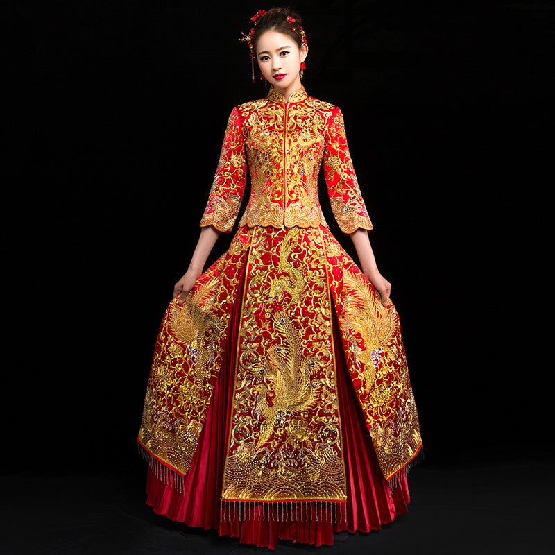 Phoenix Embroidery Pleated Skirt Retro Chinese Wedding Suit