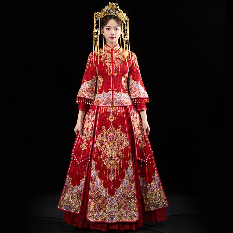 Mandarin Sleeve Pleated Skirt Retro Embroidery Chinese Wedding Suit