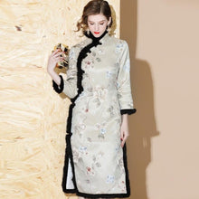 Load image into Gallery viewer, 3/4 Sleeve Floral Brocade Fur Edge Knee Length Cheongsam Wadded Chinese Dress
