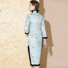 Load image into Gallery viewer, 3/4 Sleeve Floral Brocade Fur Edge Knee Length Cheongsam Wadded Chinese Dress
