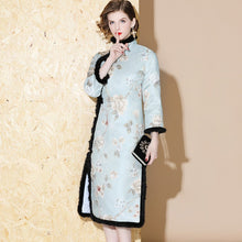 Load image into Gallery viewer, 3/4 Sleeve Floral Brocade Fur Edge Knee Length Cheongsam Wadded Chinese Dress
