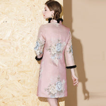 Load image into Gallery viewer, 3/4 Sleeve Floral Brocade Fur Edge Mini Cheongsam Wadded Chinese Dress
