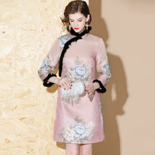 Load image into Gallery viewer, 3/4 Sleeve Floral Brocade Fur Edge Mini Cheongsam Wadded Chinese Dress
