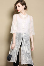 Muatkan imej ke dalam penonton Galeri, Open Front Floral Mulberry Silk Chinese Style Long Women&#39;s Shirt
