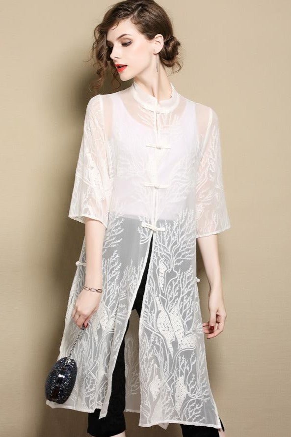 Open Front Floral Mulberry Silk Chinese Style Long Women's Shirt