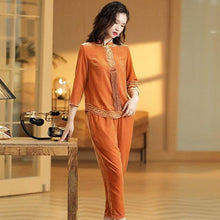 Load image into Gallery viewer, 3/4 Sleeve &amp; Ninth Pants Flocking Chinese Costume Suit
