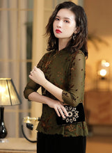 Load image into Gallery viewer, 3/4 Sleeve Floral Embroidery Cheongsam Top Chinese Blouse
