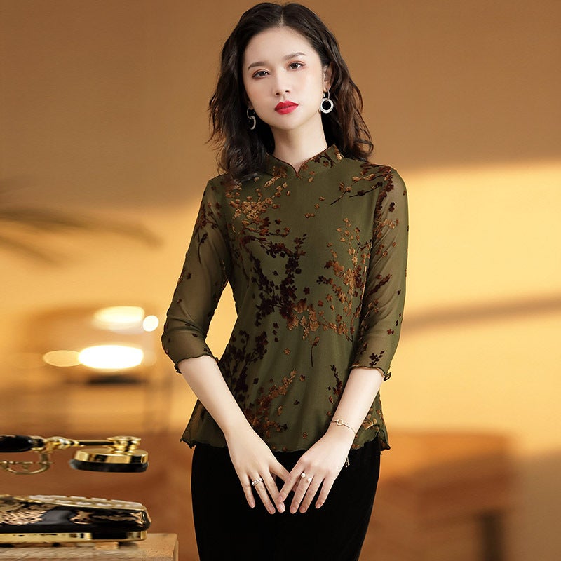 3/4 Sleeve Floral Embroidery Cheongsam Top Chinese Blouse