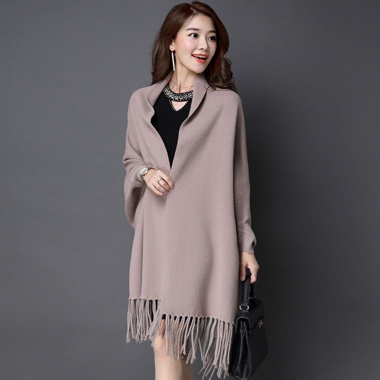 Two-sided Batwing Sleeves Sweater Shawl with Tassels