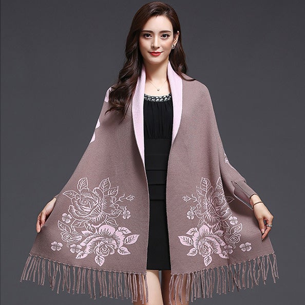 Batwing Sleeve Floral Sweater Shawl with Tassels