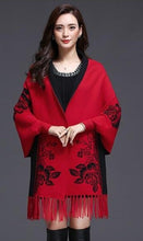 Load image into Gallery viewer, Batwing Sleeve Floral Sweater Shawl with Tassels
