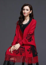 Load image into Gallery viewer, Batwing Sleeve Floral Sweater Shawl with Tassels
