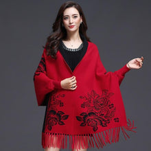 Load image into Gallery viewer, Batwing Sleeve Floral Sweater Shawl with Tassels
