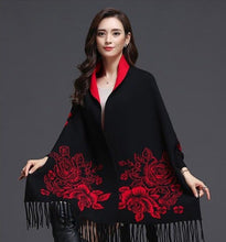 Load image into Gallery viewer, Batwing Sleeve Floral Sweater Shawl with Tassels
