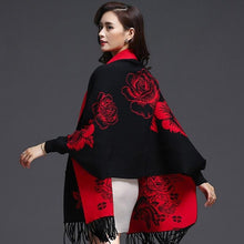 Load image into Gallery viewer, Batwing Sleeve Floral Sweater Shawl with Tassels
