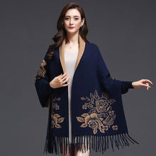 Load image into Gallery viewer, Batwing Sleeve Floral Sweater Shawl with Tassels
