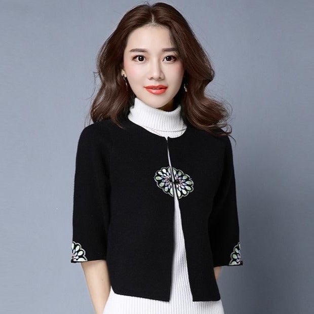 Open Front Floral Embroidery Chinese Style Women's Cardigan