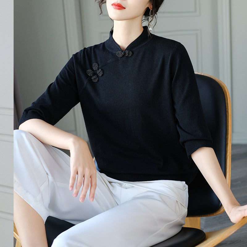 3/4 Sleeve Cheongsam Top Chinese Style Knit Shirt