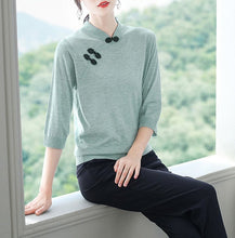 Load image into Gallery viewer, 3/4 Sleeve Cheongsam Top Chinese Style Knit Shirt
