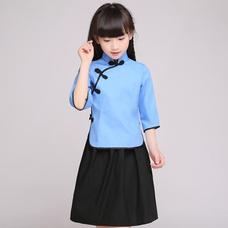 Cheongsam Top Knee Length Skirt Girl's Suit School Uniform