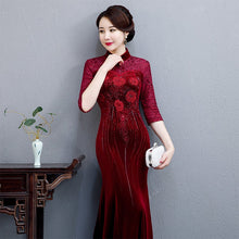 Load image into Gallery viewer, 3/4 Sleeve Floral Embroidery Mermaid Velvet Cheongsam Mother Dress
