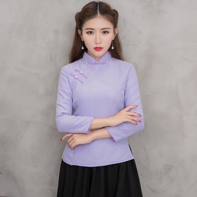 3/4 Sleeve Cheongsam Top Traditional Chinese Shirt with Strap Buttons