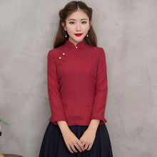 Load image into Gallery viewer, 3/4 Sleeve Cheongsam Top Traditional Chinese Shirt with Strap Buttons
