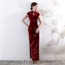 Load image into Gallery viewer, Key Hole Neck Cap Sleeve Velvet Cheongsam Evening Dress
