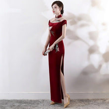 Load image into Gallery viewer, Phoenix Embroidery Illusion Neck Velvet Cheongsam Evening Dress
