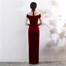 Load image into Gallery viewer, Phoenix Embroidery Illusion Neck Velvet Cheongsam Evening Dress
