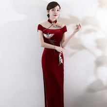 Load image into Gallery viewer, Phoenix Embroidery Illusion Neck Velvet Cheongsam Evening Dress
