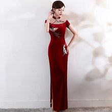 Load image into Gallery viewer, Phoenix Embroidery Illusion Neck Velvet Cheongsam Evening Dress
