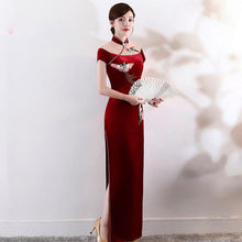 Load image into Gallery viewer, Phoenix Embroidery Illusion Neck Velvet Cheongsam Evening Dress
