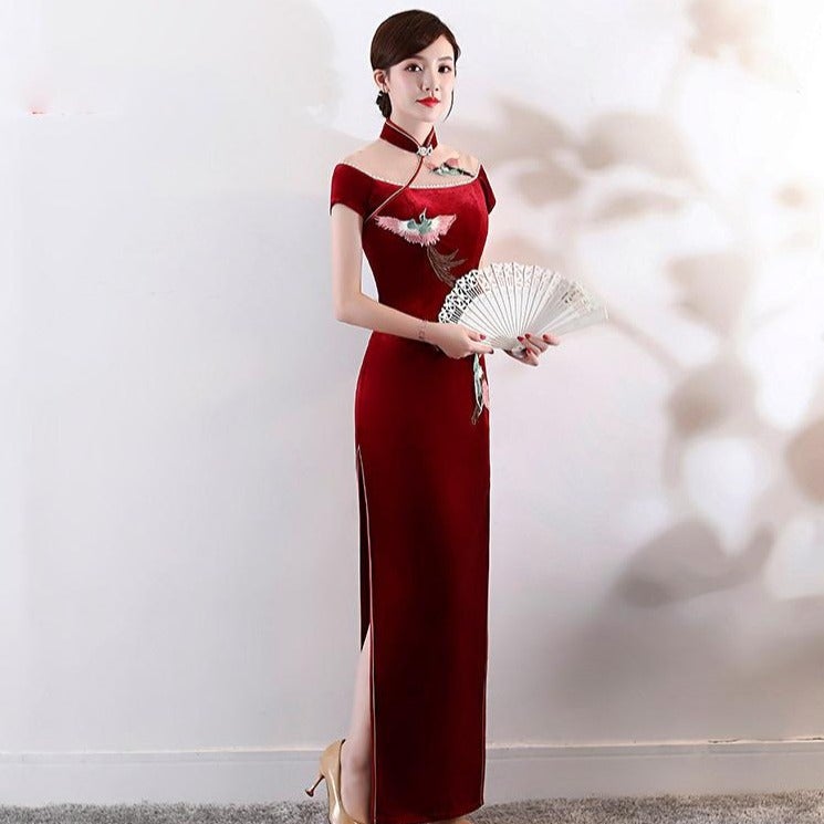 Phoenix Embroidery Illusion Neck Velvet Cheongsam Evening Dress